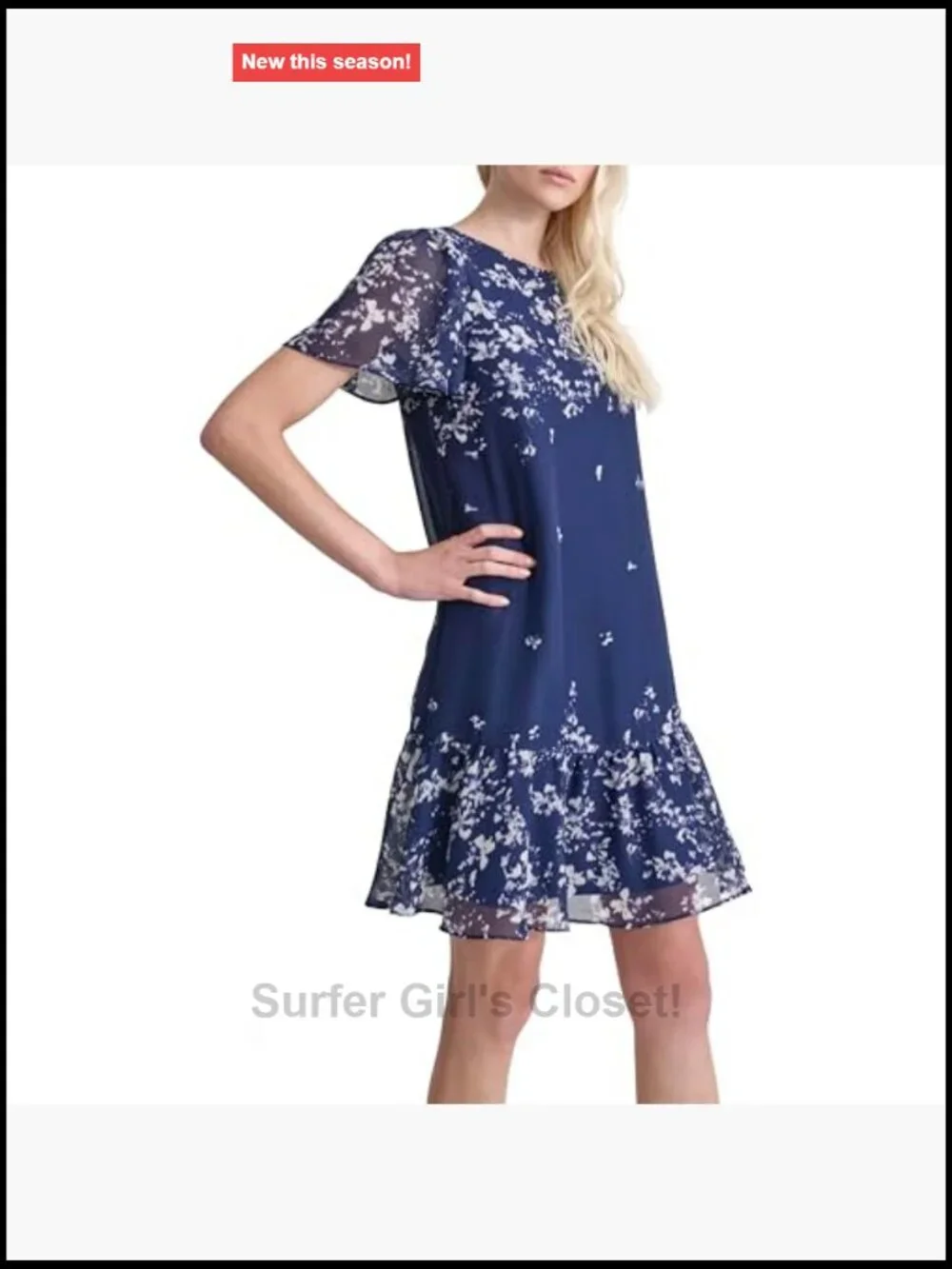 DKNY Flutter Sleeve Ruffle Hem Shift Mini Dress Polyester Zipper